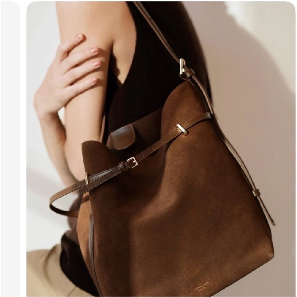 Verafied New York Toffee Suede Belted Tote Bag - Picture 2 of 12